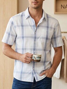 Men's XL Calvin Klein Jeans White Blue Plaid Short Sleeve Button-Up Shirt